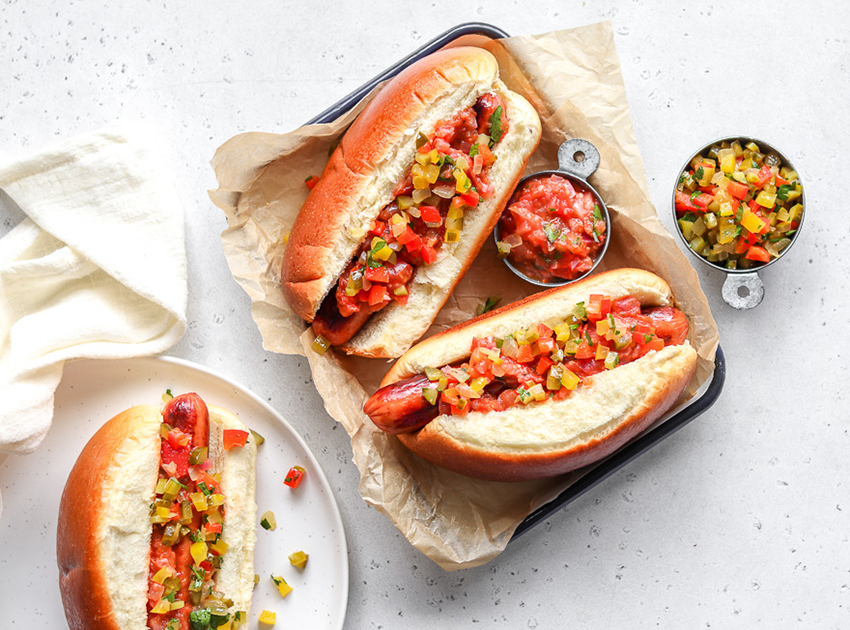 Hot dogs with homemade tomato relish and easy pickle relish