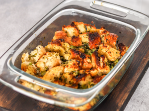 Herby Sourdough Stuffing in a casserole dish