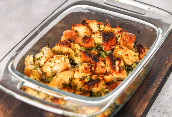 Herby Sourdough Stuffing in a casserole dish